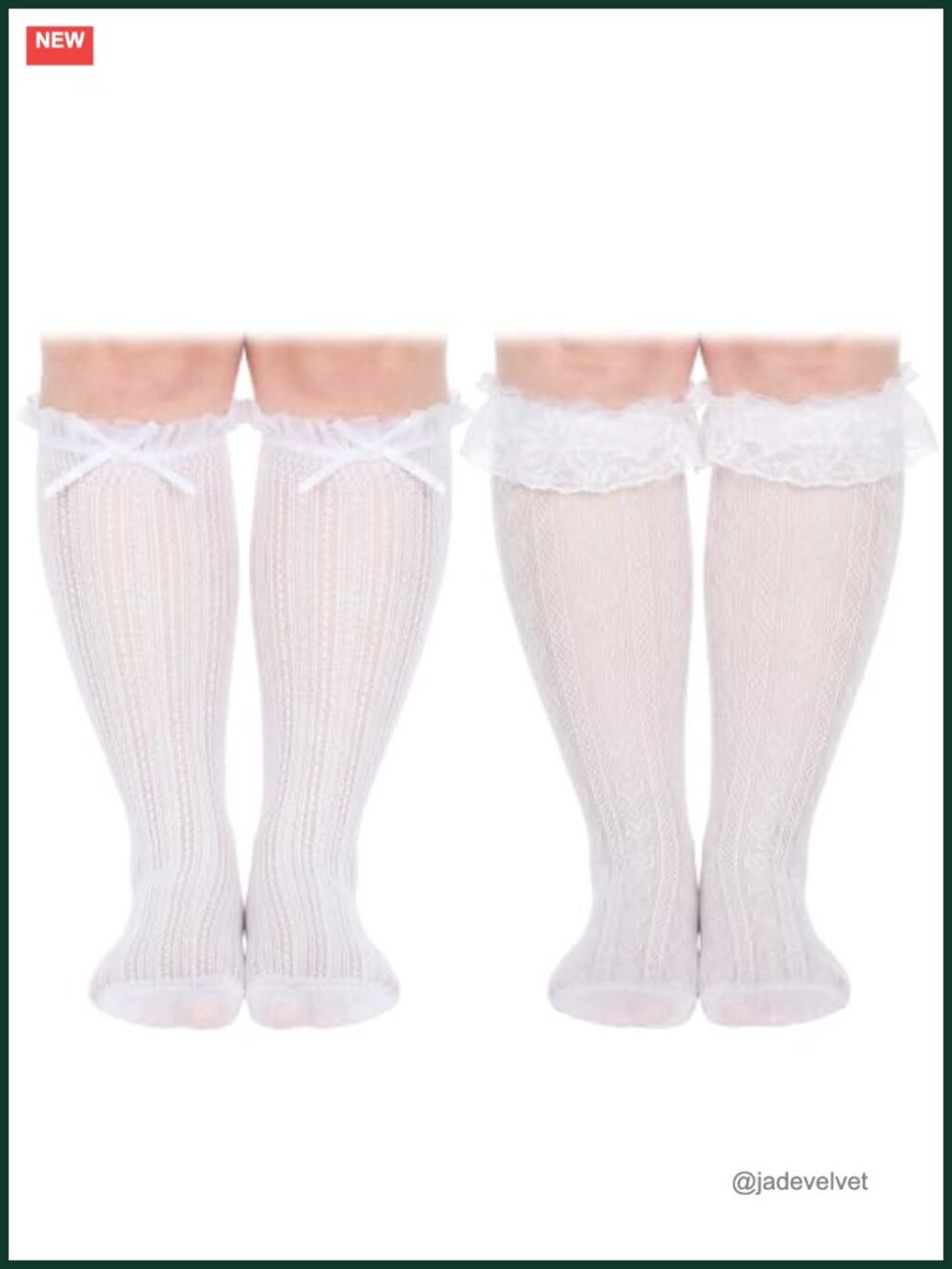 Plus Size White Lace Trim Ruffle Knee High Socks for Women 2 Pair Okt